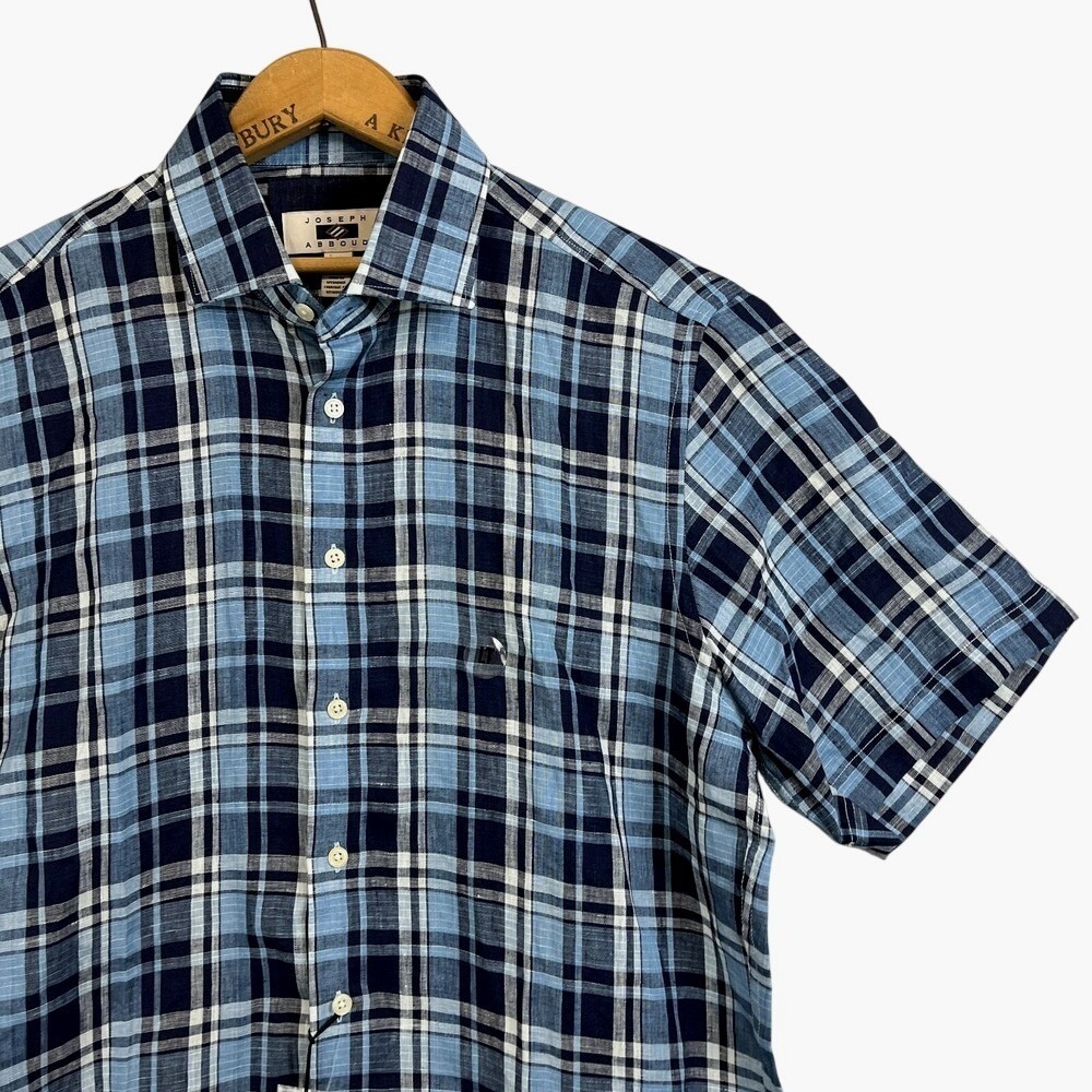 Mens Large Tall LT Blue Plaid 100% Linen Short Sleeve Button Shirt
